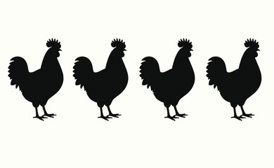 4 Repetitive Rooster Silhouettes Aligned in Uniform Row — Minimalist Animal Pattern for Farm-Themed Branding, Symbolic Growth Illustrations, and Decorative Design Concepts