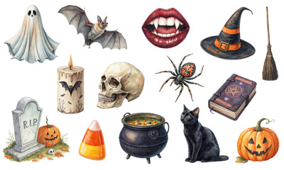 Spooky Halloween Watercolor Clipart Set with Witchy and Gothic Elements