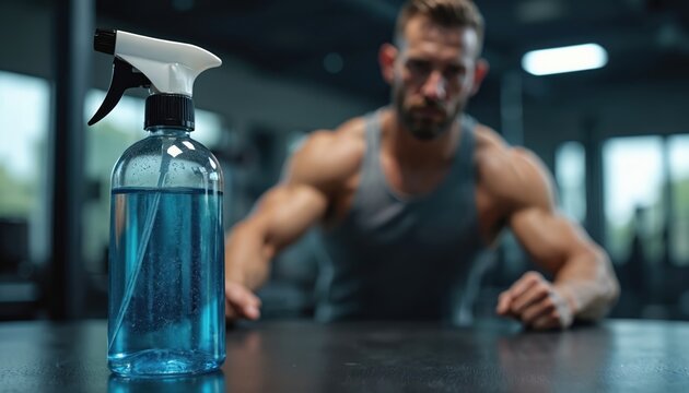 Gym cleaning spray bottle with blue liquid. Muscular man exercising in background. Focus on hygiene, cleanliness in fitness centers. Supports healthy workout environment. Sanitizer for equipment,