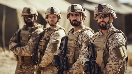 Fototapeta premium Four soldiers in desert camouflage gear stand in a row, holding rifles, with tents in the background, ready for military action.
