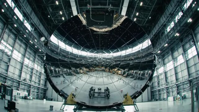 Giant reflective parabolic mirror in an industrial setting