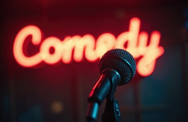 Comedy club microphone in front of bright red neon sign. Urban nightlife entertainment venue for stand-up comedy, live music, performance. Humorous show, stand-up, open mic night, artist.
