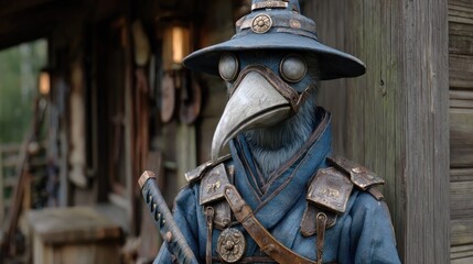 Bird-like figure in steampunk attire
