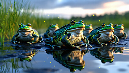 Four Green Frogs by Water at Dusk