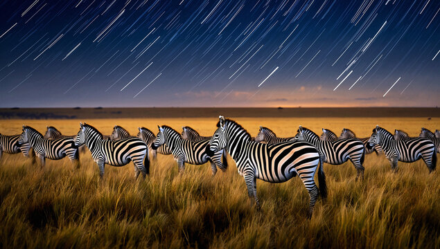Herd of Plains Zebras under Star Trails at Night - Powered by Adobe