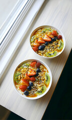 Colorful Healthy Breakfast Bowl Topped with Fresh Fruits and Seeds