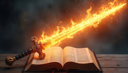 Fiery flaming sword rests upon open holy bible book, divine power, spiritual truth. Ancient weapon burns with intense inferno blaze, casting dramatic light, smoke. Powerful fantasy illustration