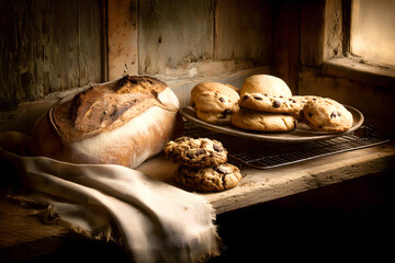 Freshly Baked Artisan Bread and Cookies with Dusting of Flour
