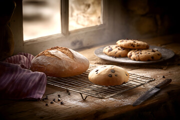 Freshly Baked Artisan Bread and Cookies with Dusting of Flour