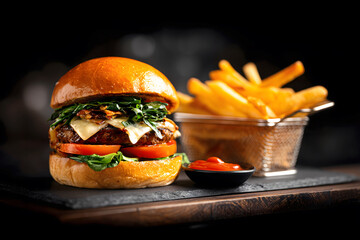 Delicious Gourmet Cheeseburger with Crispy Golden Fries and Ketchup