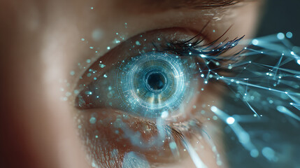 Closeup of a Human Eye with a Futuristic Teal and Blue Digital Overlay Network Pattern of Light Lines and Glowing Particles