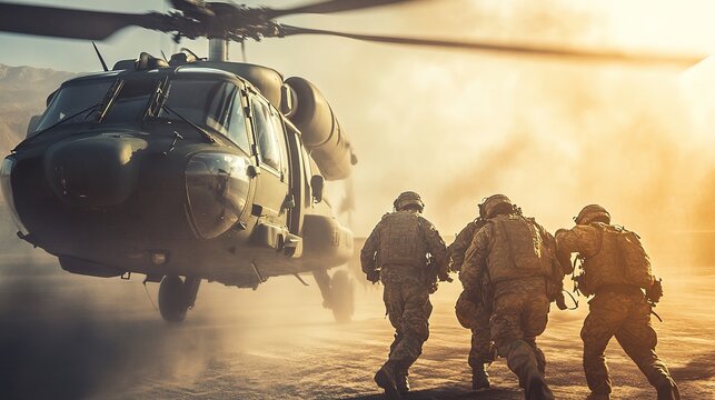 Military helicopter hovers as three soldiers in combat gear move forward on dusty terrain at sunset.