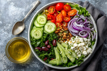 Vibrant Healthy Salad Bowl with Fresh Vegetables and Dressing