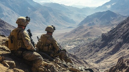 Two soldiers sit on rocky terrain overlooking a vast mountainous valley under a partly cloudy sky.