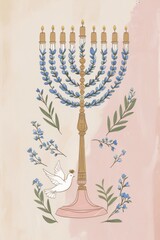 Hanukkah Menorah Illustration with Dove, Flowers, and Candlelight
