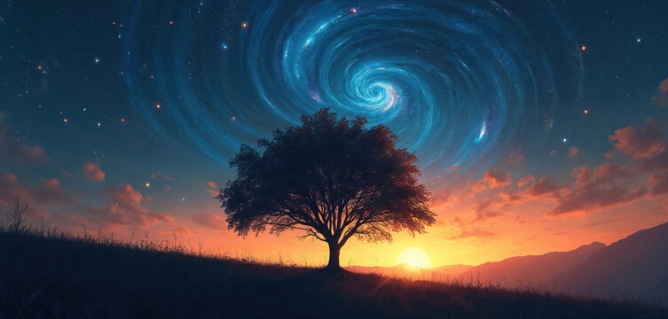 Solitary tree silhouette against vibrant swirling night sky. Blue galaxy spirals with stars, orange glow clouds. Horizon mountain landscape. Dreamlike fantasy, cosmic wonder, peaceful nature.