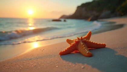 Orange starfish rests on wet sandy beach during serene sunrise over calm ocean waves. Golden sun reflection sparkles on water surface. Coastal landscape features soft light creating tranquil vacation