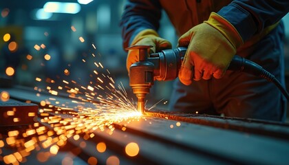 Worker in protective gloves uses power tool cutting metal. Bright sparks fly, illuminating busy workshop interior. Focus on skilled labor, industrial machinery, and manufacturing process.