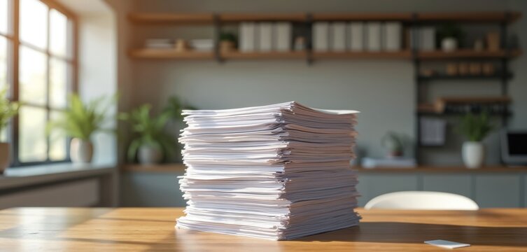 Stack of papers on wooden desk in modern office, suggesting income tax government system concept. Focus on administration, paperwork, business processes. Workflow efficiency for corporate planning,