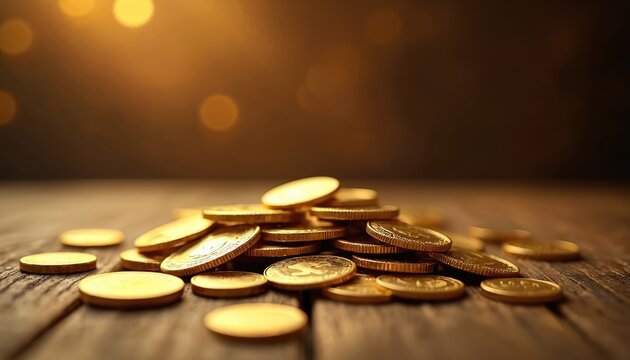 Pile of shiny gold coins on wooden surface. Bright golden currency wealth, finance, success. Ideal for concepts related to investment, savings, financial growth. Represents fortune, economic