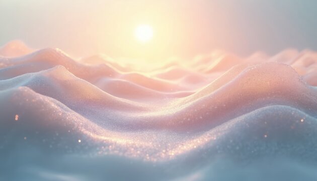 Dreamy abstract background features fluid waves with glowing neon shimmer noise grain mesh, radiant wave design effects in motion. Soft pink, blue, golden light create smooth, vibrant, ethereal