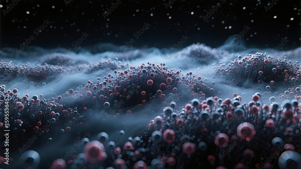 Poster this captivating digital landscape showcases clusters of microscopic organisms emerging from a misty