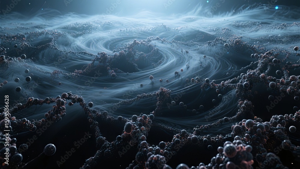 Poster a mesmerizing cosmic landscape displays swirling clouds and clusters of particles in a dark void, ev