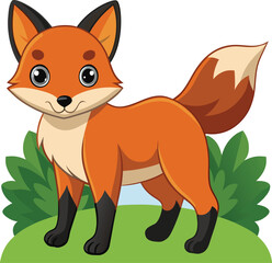 Obraz premium Cartoon fox standing in grass with bushes, originally a scalable vector graphic illustration