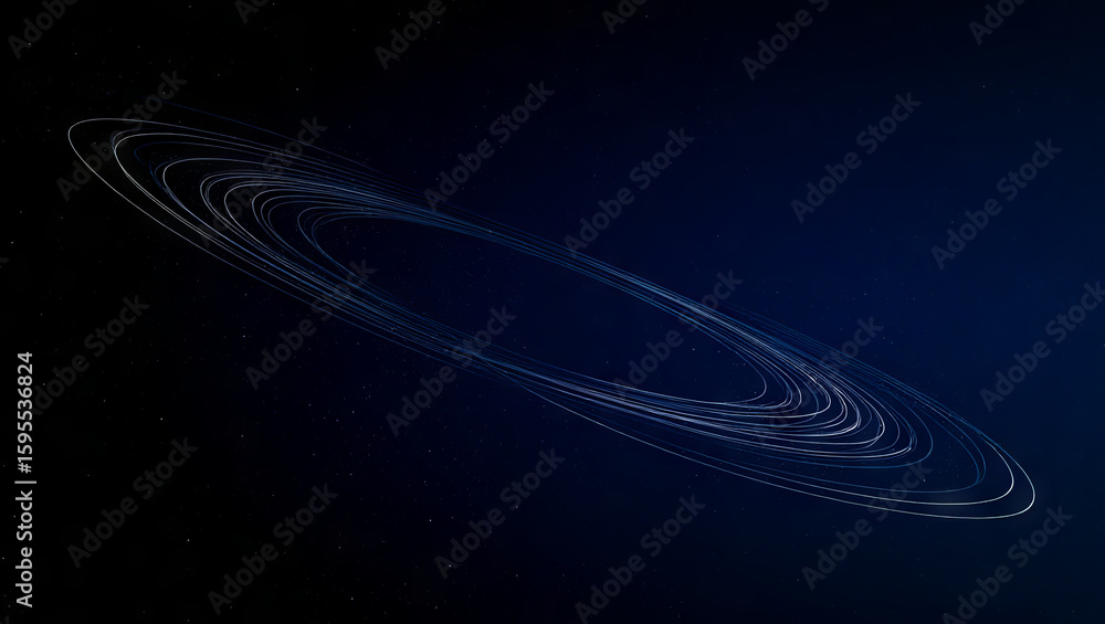Poster ethereal rings encircle a celestial entity in the depths of space, illuminated against a dark backdr
