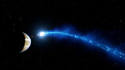 A futuristic spaceship navigates through the vastness of space, leaving a glowing blue trail as it...