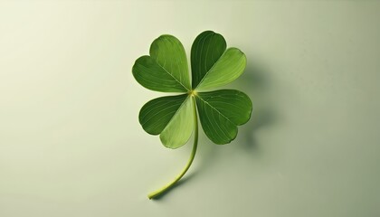 Four-leaf clover detailed closeup on soft neutral background. Vibrant green leaves with subtle veins create a minimalist botanical symbol of luck and growth. Isolated plant stem.