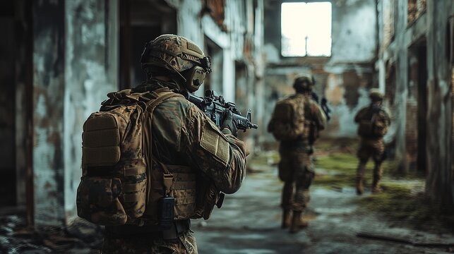 Soldiers in tactical gear navigate an abandoned, dilapidated building during a military operation or training exercise.