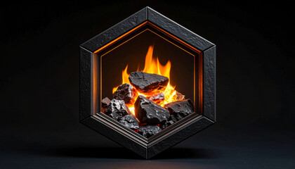Burning Coal Energy Source A Modern Framed Hexagon with Vivid Flames and Dark Lumps