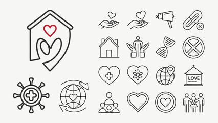 Fototapeta premium charity community support line icons humanitarian nonprofit donation symbols design isolated on white background.