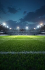Fototapeta premium Soccer field ready for night match under twilight sky. Stadium lights illuminate the green turf and white markings. Empty arena shows anticipation for sporting event, calm before the storm.