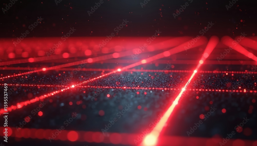 Poster futuristic red laser grid illuminates dark surface with glowing digital data connections. abstract p