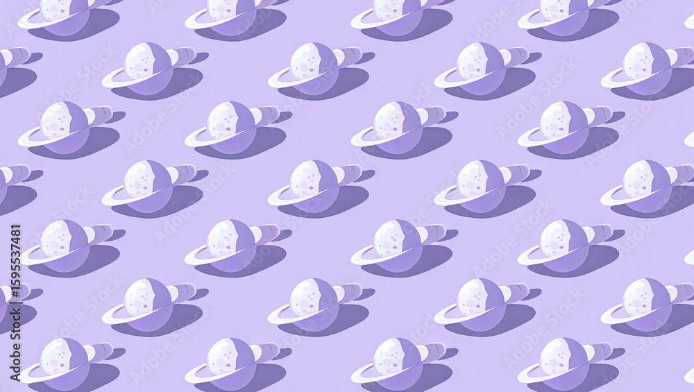 Poster numerous stylized planets with rings are arranged in a repeating pattern on a soft purple background