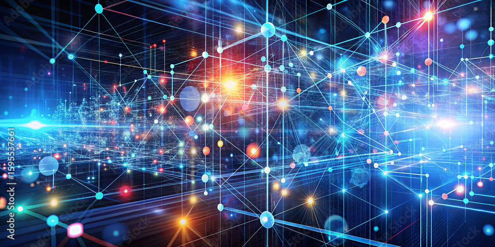 Poster a vibrant scene captures a digital network filled with luminous particles and interconnected lines, 