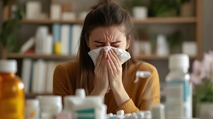 A woman sneezes into a tissue surrounded by various medicine bottles, suggesting she is managing cold or allergy symptoms at home.