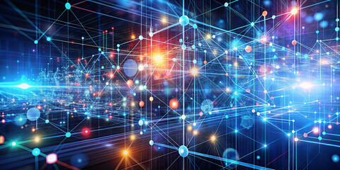 Obraz premium A vibrant scene captures a digital network filled with luminous particles and interconnected lines, symbolizing data flow and communication
