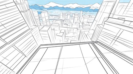 Architectural drawing of a cityscape.