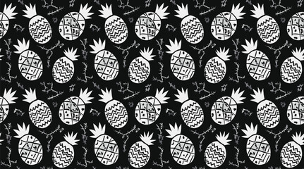 Black And White Seamless Pattern Hand-Drawn Pineapples And Abstract Elements, Ideal For Textiles Or Backgrounds.