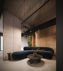 Modern industrial lobby design with blue sofa and concrete wall background. 3D Rendering, 3D Illustration