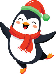 Adorable cartoon penguin wearing a festive red santa hat and a bright red scarf happily ice skating with its wings spread wide isolated on transparent background