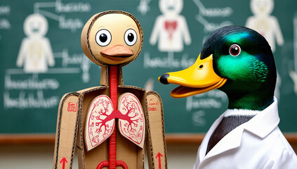 Cardboard Avian Anatomy Model and Mallard Duck in Lab Coat