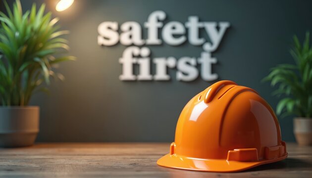 Orange safety helmet with prominent Safety First text emphasizes workplace protection. Visual concept promotes construction planning, risk management, industrial safety awareness for training,