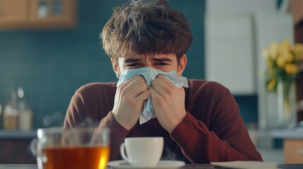 A young man sits at a table, holding tissues to his nose, appearing sick with a cup of tea and a glass of water in front of him.