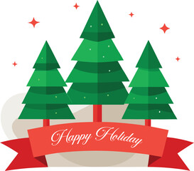 Three stylized green christmas trees with red ribbon banner displaying happy holidays text isolated on transparent background