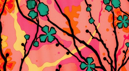 Brightly colored painting of a tree with green leaves and pink background tie dye  fabric texture