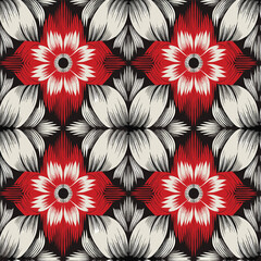 Vibrant Red And White Abstract Floral Pattern, Creating A Striking, Symmetrical Design With Intricate Details.